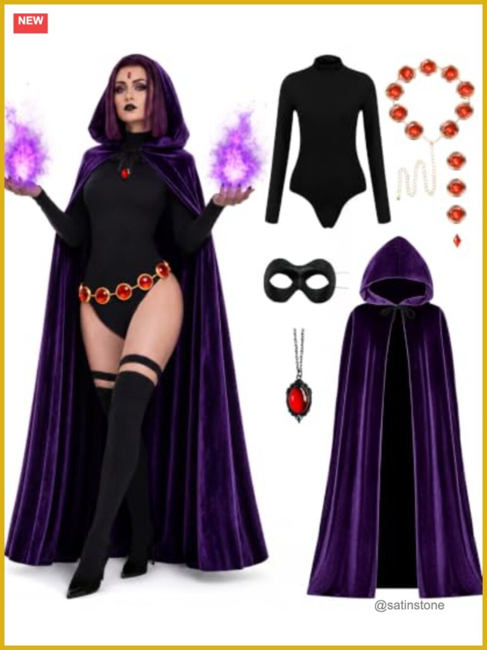 Raven Costume Set 6PCS Hooded Cloak Bodysuit Gem Belt Cosplay Halloween